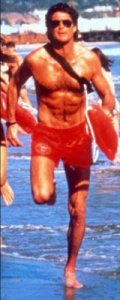 Muscular lifeguard David Hasselhoff from the live-action series "Baywatch"