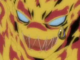 Meramon, a Digimon who resembles a man on fire with blank blue eyes and stitches over his mouth. The image has been edited to show the single tear he sheds as he allegedly weeps.