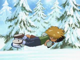 A still from the fight scene. Snow-covered trees span the background, and the ground is covered in snow. In the midst of their fight Taichi and Yamato tumble over one another. The angle in this frame looks like they're kissing, and it's silly.