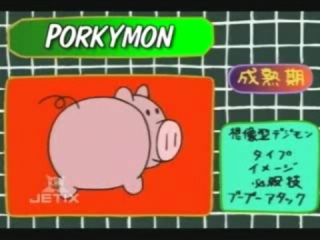 The dub's editted version of Takeru's Digimon Analyzer, featuring Porkymon.