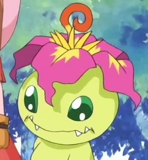 Palmon, a plant Digimon who has a pink flower on her head and no hair