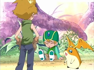 Yamato, hair stylish and brown and clad in a green, sleeveless shirt and dark trousers, looks upon his younger brother, who sits on the ground, clearly exhausted. Takeru wears a green sweatervest over a blue shirt,and brown shorts. He has the same hair color as Yamato, but covers his head with a green hat. Patamon is also there but not helping.