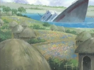A view of the nearby lake seen over the primitive straw huts of Pyokomon Village. The forward part of a sinken ship sticks up out of the lake.
