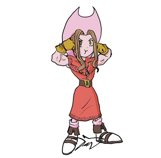 A drawing of Mimi triumphantly flexing muscular arms