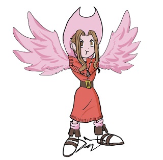 A drawing of Mimi triumphantly spreading pink wings, which have replaced her arms