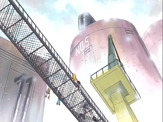 Sora and her group, pursued by Andromon, dangle from the sides of a bridge near some heavy machinery