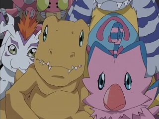 The Digimon are crowded together inside a trunk.