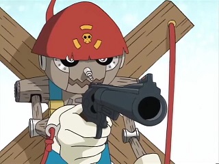 Pinocchimon aiming his gun at Takeru.