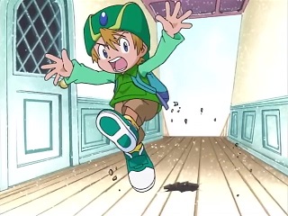 Takeru dodging the first bullet fired, which creates a large hole in the floor.