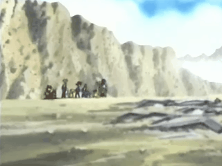 Wide shot of the protagonists standing near a cliff, which Jou is climbing impressively quickly