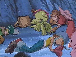 Sora, Mimi, Palmon, Birdramon, and Takeru's legs are pictured sleeping on the ground of the cave from a previous episode.