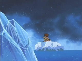Taichi and Agumon ride the rock from the previous image, but it is not a white chunk of ice, which floats more easily. The sky is dark. Another blue chunk of ice is visible in the foreground on the left.