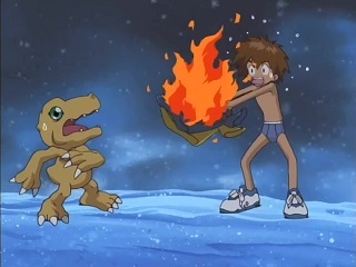 Against a snowy background, Taichi shakes his clothes, which are ablaze with bright orange fire. He is still in his underwear and white specks surround his head to show his panic. His shorts have been drawn as a second T-shirt by mistake. Agumon recoils in alarm.