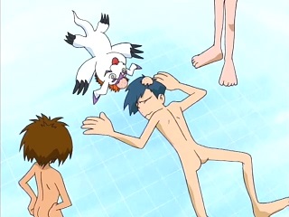 Gomamon and Jou lie unconscious on a blue-tiled floor. Jou is now without his towel, and his cartoon bum is now visible.