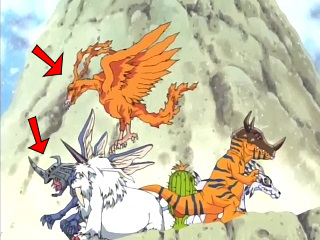 A side-view of the Digimon in their Adult/Champion forms prepared to do battle. Red arrows point at Birdramon and Kabuterimon, both of whom are flying monsters.