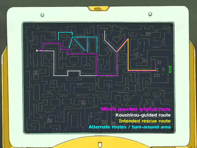 The maze pictured previously with three major routes corresponding to Mimi's possible travel drawn on