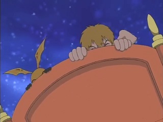 Takeru and Patamon clings to the headboard of the bed he had used, which is brown with gold decorations on the posts.